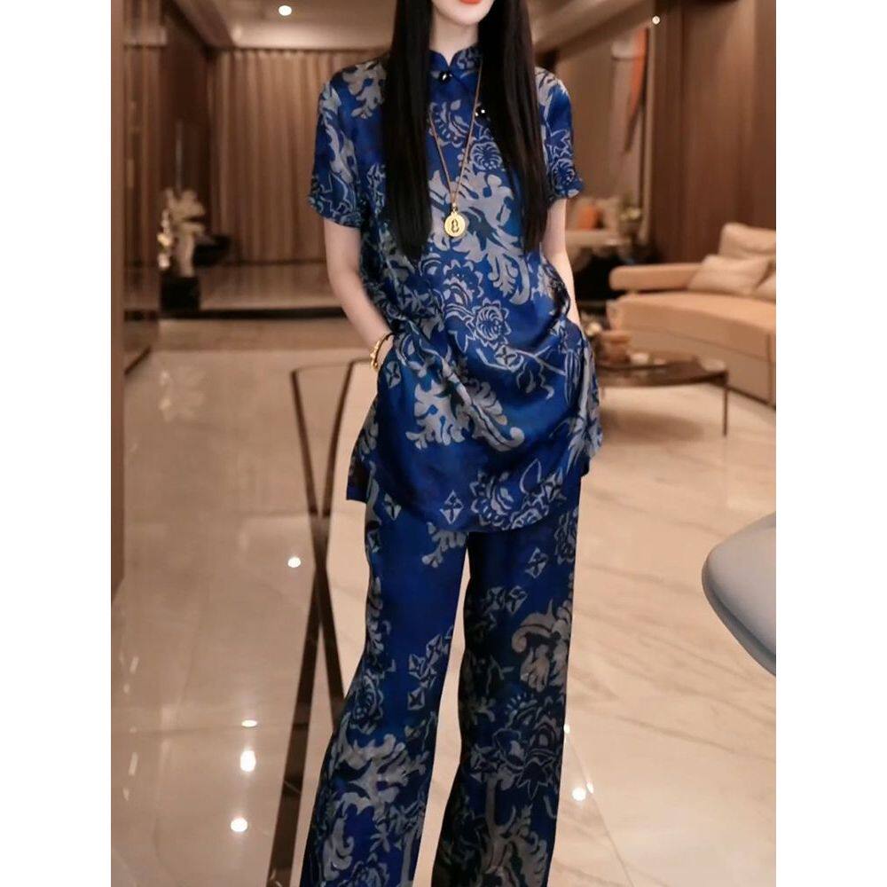 高档名媛风好看印花裤套装女20时尚套装