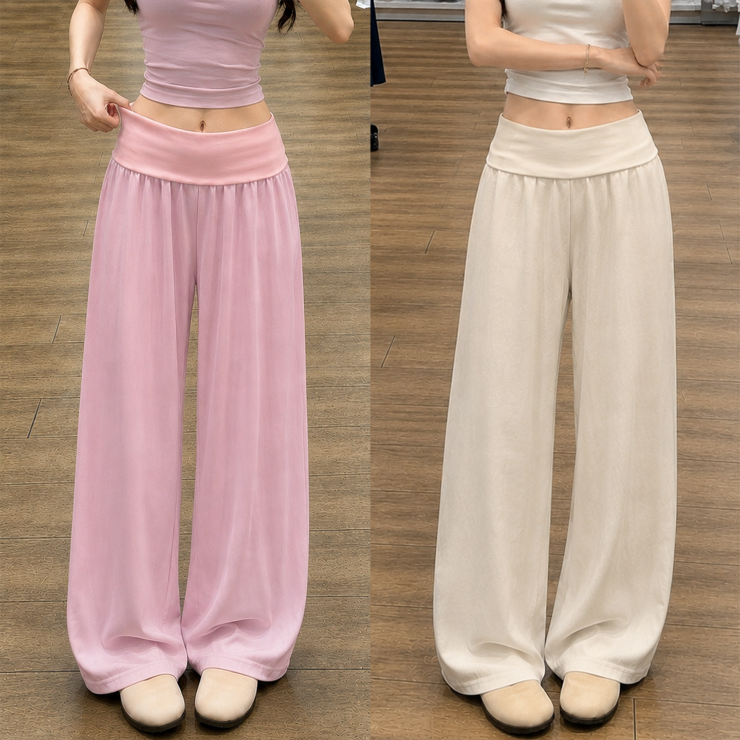 翻腰奶芙山本裤女夏季薄款宽松运动休闲小个子直筒蓝色冰丝阔腿裤