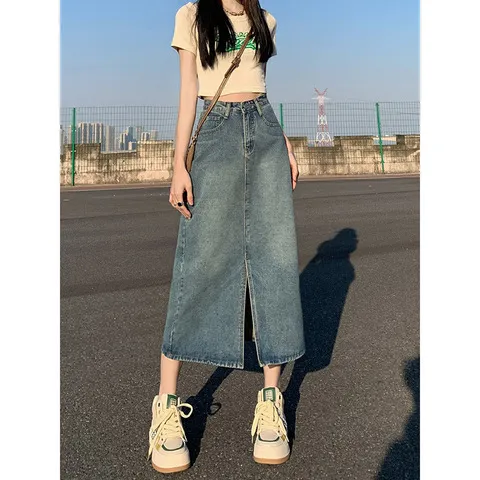 潮包臀裙女新款半身裙a字裙高腰长裙开叉夏季小个子梨型牛仔2025