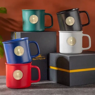 LOGO高端星巴风印图马克杯礼品杯复古订制雕刻陶瓷亚马逊水杯铜牌