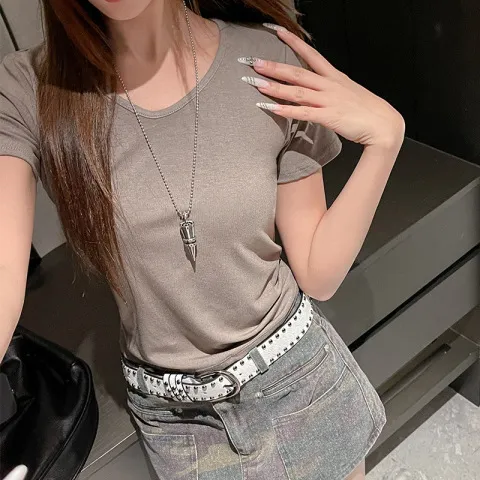 严选正T恤显瘦2025设计感小众莫代尔百搭短袖V领修身女夏季上衣肩