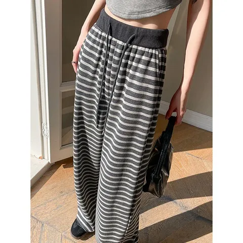 大码阔腿裤直筒宽松慵懒风糯米小个子条纹裤bf黑白女春秋运动休闲
