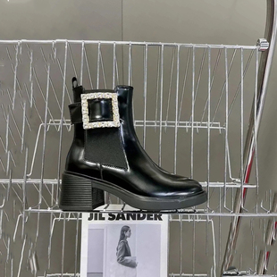 rv方扣短靴女钻扣秋冬真皮厚底水钻网红瘦瘦漆皮马丁靴切尔西靴子