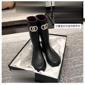 时尚小香风不过膝长靴女中长筒骑士靴厚底黑色高筒中古风橡胶雨靴