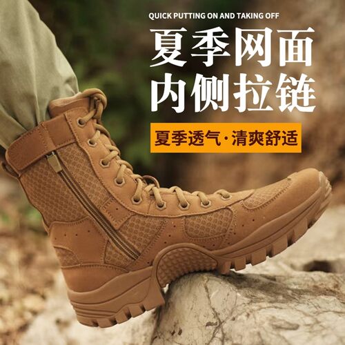 夏季网眼透气棕色作战训靴男女户外高帮拉链超轻登山鞋沙漠作训靴