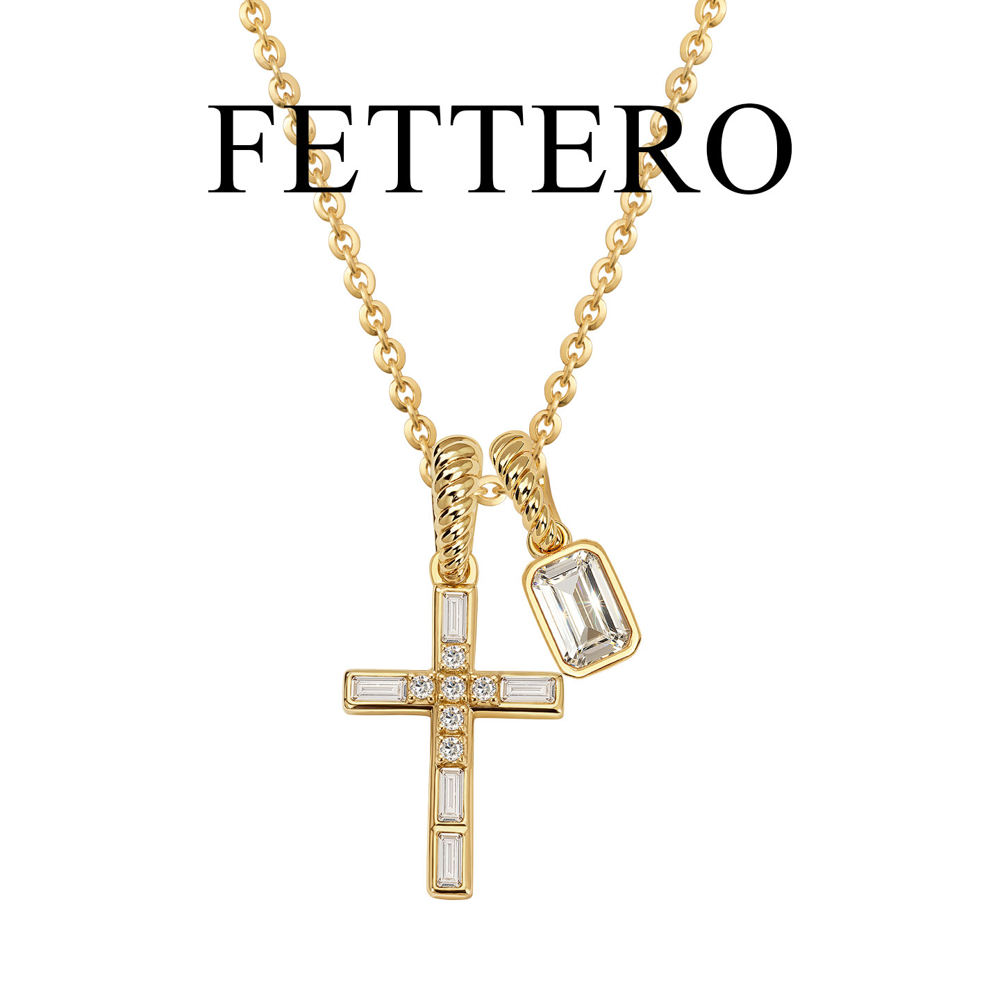 FETTERO欧美复古金色方锆白锆十字架组合项链女款精致轻便锁骨链
