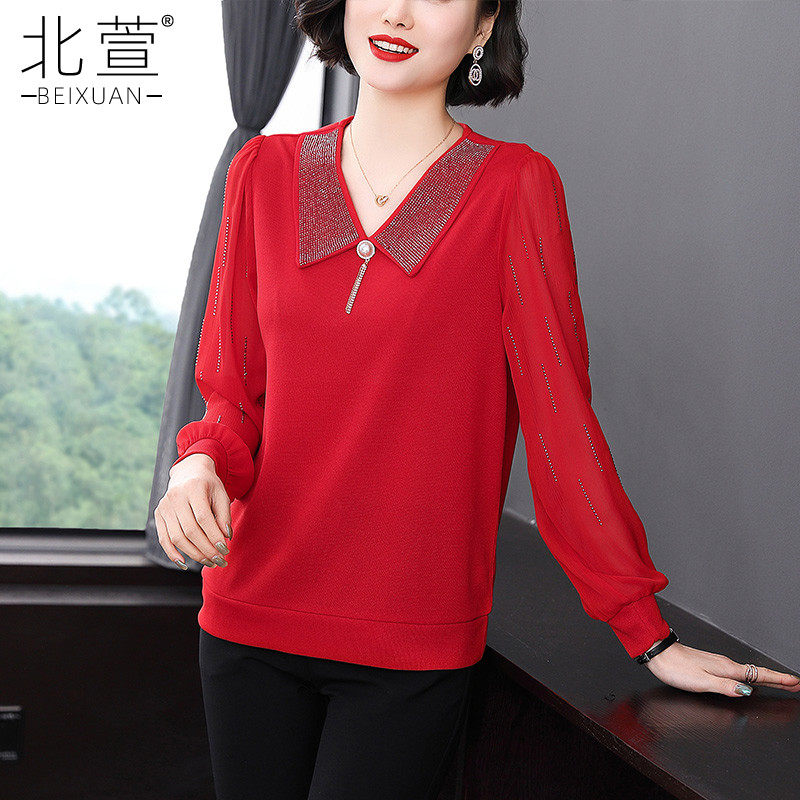 北萱中年妈妈本命年红色小衫女高档洋气时尚大码雪纺衫新年装衣服