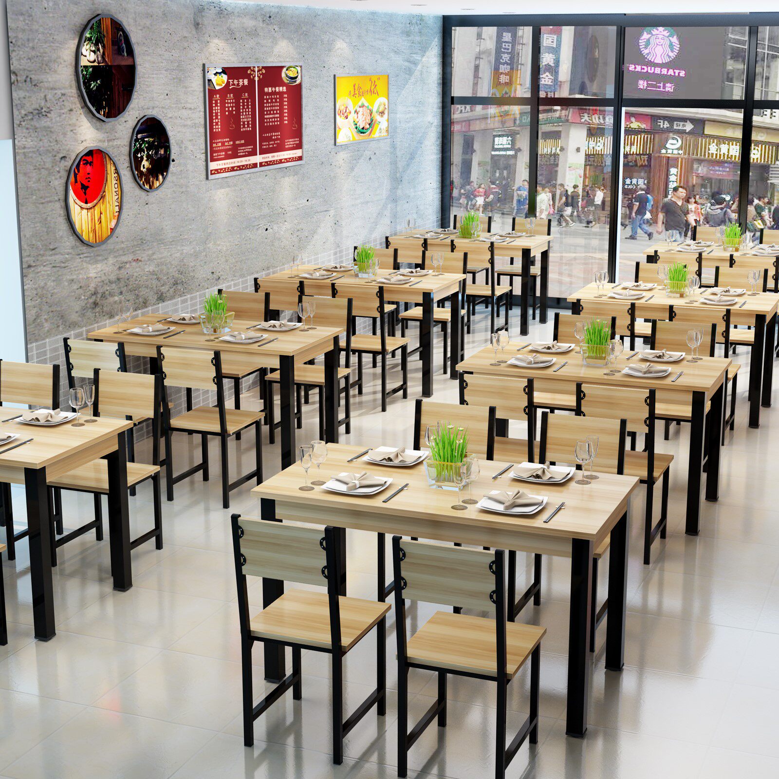 餐桌椅组合现代简约吃饭桌子快餐桌椅饭店餐厅食堂面馆桌钢化玻璃