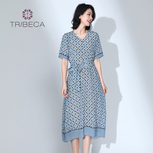 TRIBECA翠贝卡夏季商场同款桑蚕丝V领收腰短袖连衣裙