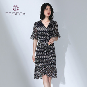 TRIBECA翠贝卡夏季商场同款修身V领不规则雪纺连衣裙