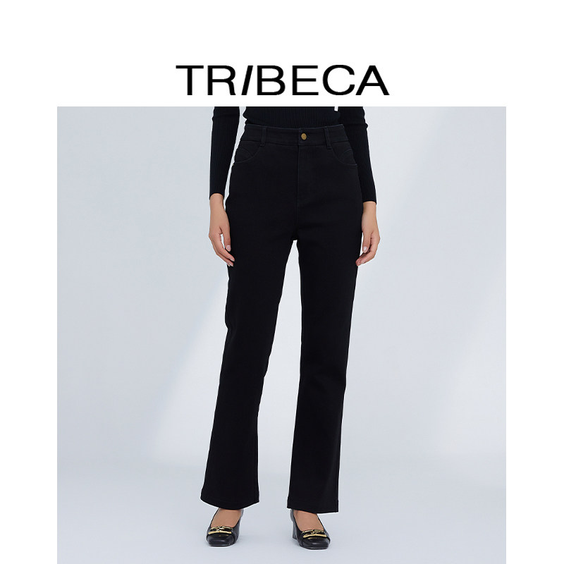 TRIBECA/翠贝卡2024秋新款商场同款黑色修身显瘦微喇叭长裤牛仔裤