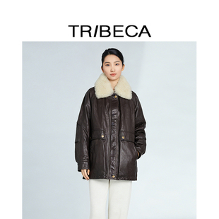 TRIBECA翠贝卡冬季新款鹅绒百搭羊毛领复古轻奢真皮羽绒服外套
