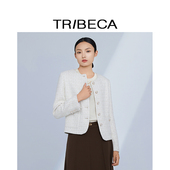 翠贝卡2024秋新款 商场同款 米白法式 TRIBECA 女圆领短款 小香风外套