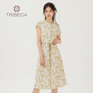 TRIBECA翠贝卡商场同款夏印花雪纺收腰字女士连衣裙