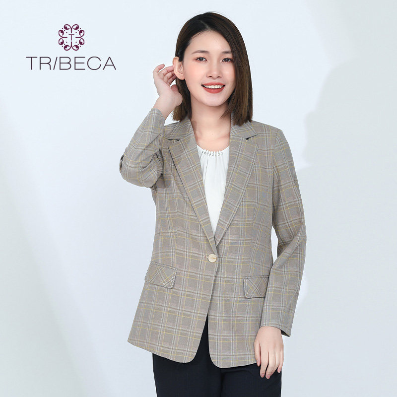 TRIBECA翠贝卡春季新款女士修身格子小通勤领女装女外套西装套装