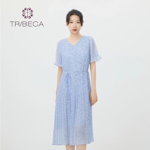 TRIBECA翠贝卡2024夏季新款商场同款休闲波点雪纺短袖百褶连衣裙