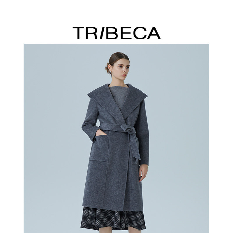 TRIBECA翠贝卡2025秋冬新商场同款含绵羊毛连帽毛呢外套双面呢子