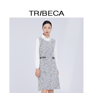 TRIBECA翠贝卡2024秋冬商场同款衬衫领长袖休闲拼接百搭连衣裙