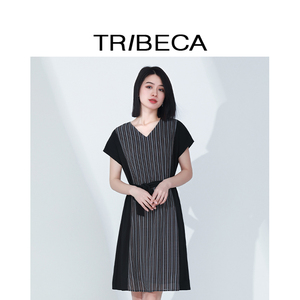 TRIBECA翠贝卡商场同款夏女通勤休闲收腰V领条纹显瘦连衣裙
