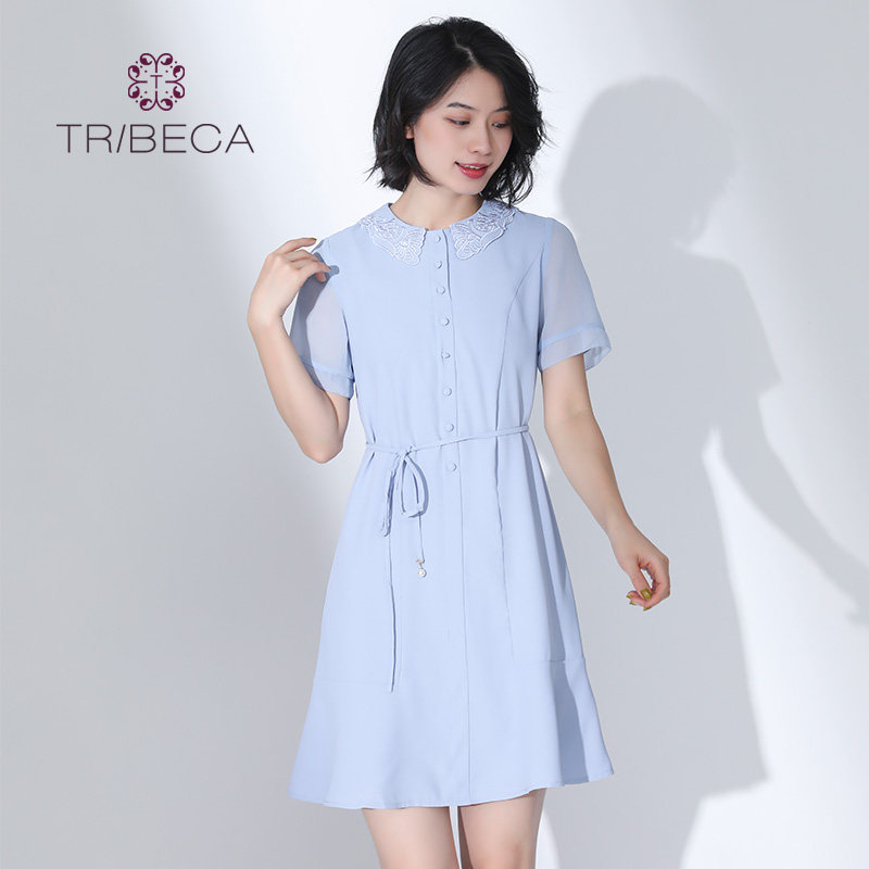 TRIBECA翠贝卡夏商场同款女纯色收腰显瘦短袖连衣裙