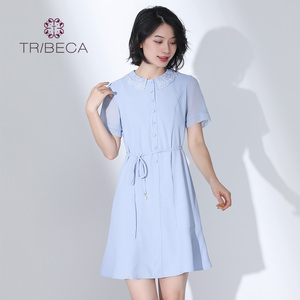 TRIBECA翠贝卡夏商场同款女纯色收腰显瘦短袖连衣裙