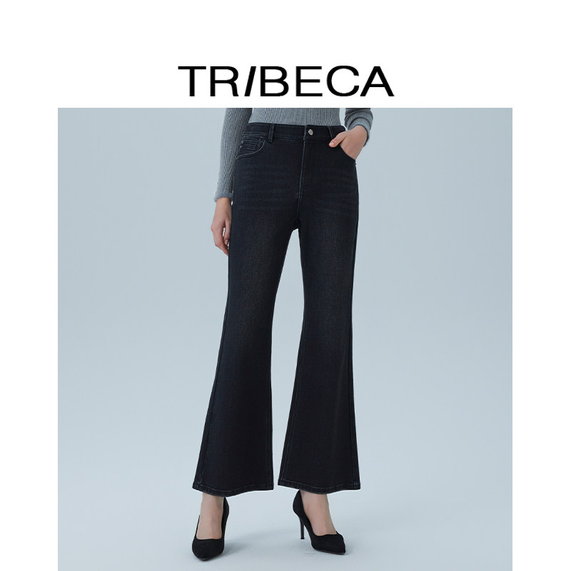 TRIBECA翠贝卡2025秋新款商场同款修身显瘦高腰黑色微喇叭牛仔裤