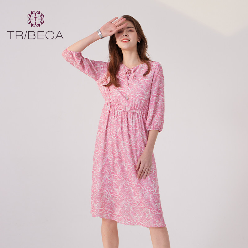 TRIBECA翠贝卡商场同款圆领印花裙子2024春季新款瘦显法式连衣裙