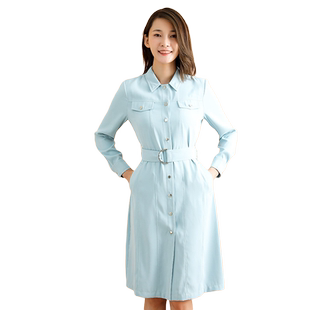 TRIBECA翠贝卡秋冬通勤收腰显瘦气质方领法式插兜长袖女连衣裙子