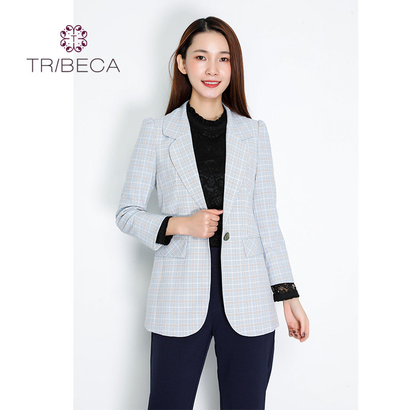 翠贝卡格子西装女长袖修身小西装