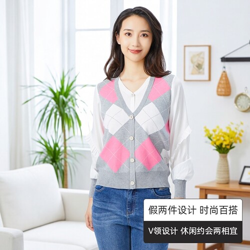 翠贝卡V领套头长袖假两件上衣