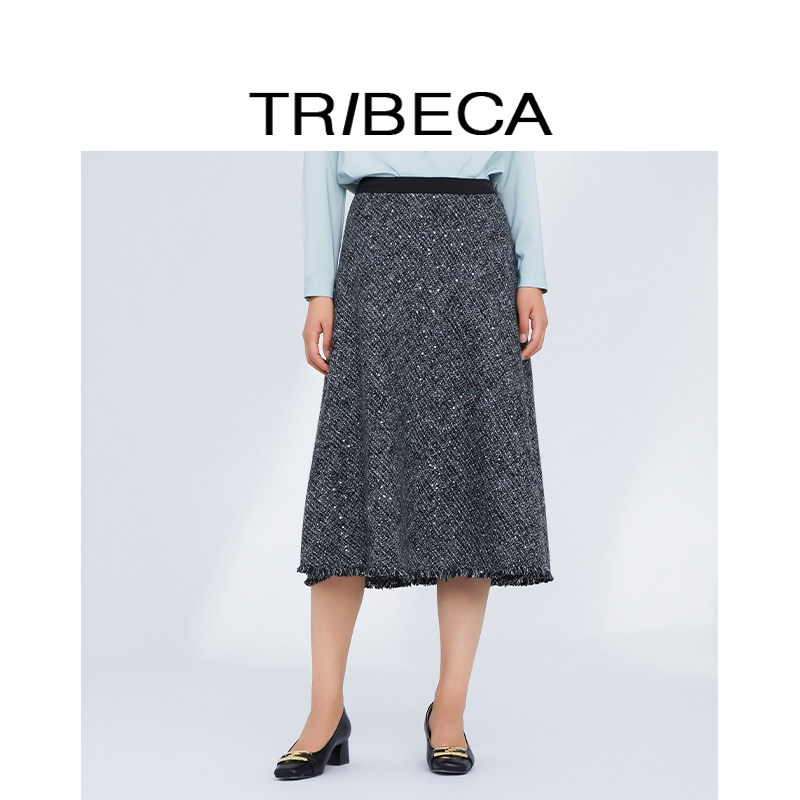 TRIBECA/翠贝卡2024秋新款商场同款黑色复古a字伞裙中长款半身裙,女装/女士精品,半身裙,淘宝优惠券,粉丝福利购,淘宝优惠卷