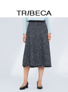 TRIBECA/翠贝卡2024秋新款商场同款黑色复古a字伞裙中长款半身裙