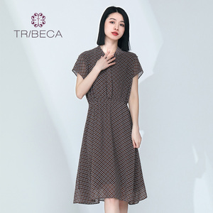 TRIBECA翠贝卡夏季商场同款女士复古短袖雪纺连衣裙