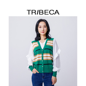 TRIBECA翠贝卡商场同款 秋拼条纹领针织假两件上衣