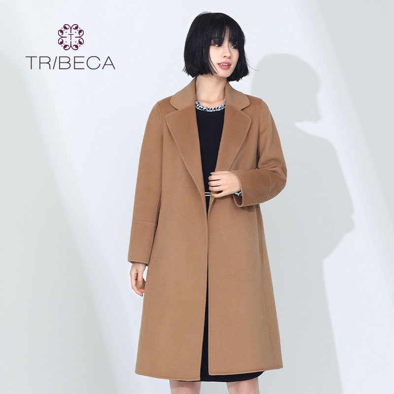 TRIBECA/翠贝卡极简风驼色羊毛呢大衣女中长款翻领百搭气质外套