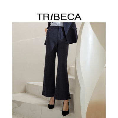 翠贝卡条纹通勤微喇长裤