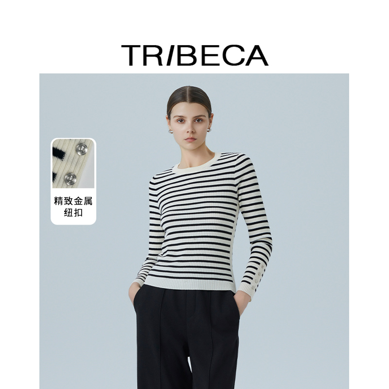 翠贝卡经典黑白条纹针织衫上衣