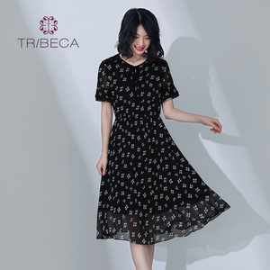 TRIBECA翠贝卡夏商场同款短袖雪纺碎花中长裙连衣裙