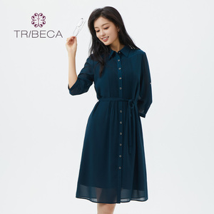 TRIBECA翠贝卡春季商场同款系带收腰雪纺七分袖衬衫式女装连衣裙