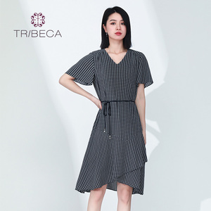 TRIBECA翠贝卡商场同款印花短袖夏季女裙瘦显气质春装连衣裙