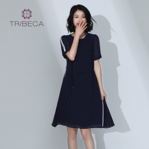 TRIBECA翠贝卡夏季商场同款抽绳收腰短袖雪纺连衣裙