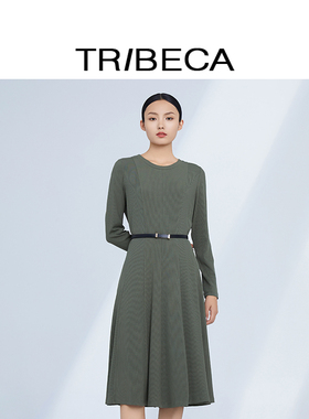 TRIBECA/翠贝卡2024秋新款商场同款绿色纯色中长款修身长袖连衣裙