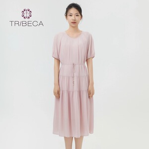 TRIBECA翠贝卡2024夏季新款商场同款短袖纯色收腰蛋糕裙女连衣裙