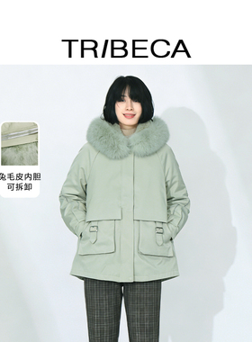 TRIBECA翠贝卡商场同款秋冬女士时尚纯色毛领保暖皮草加厚派克服