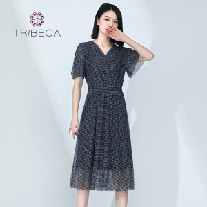 TRIBECA翠贝卡夏季商场同款女印花短袖中长款连衣裙