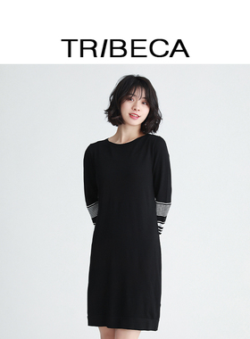 TRIBECA翠贝卡春秋商场同款女条纹中长款针织连衣裙