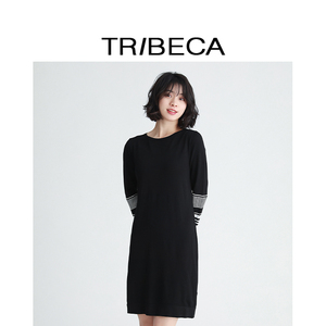 TRIBECA翠贝卡春秋商场同款女条纹中长款针织连衣裙
