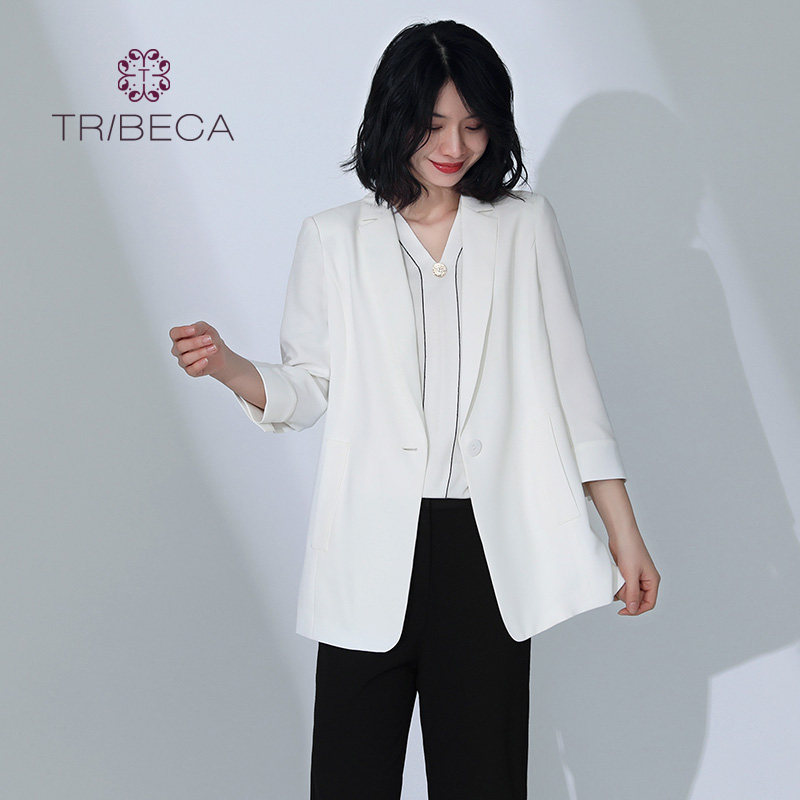 TRIBECA翠贝卡夏季商场同款一粒扣OL小女套装女小女外套西装白色