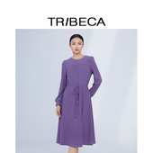 翠贝卡2024秋新款 商场同款 紫色收腰纯色中长款 TRIBECA 长袖 连衣裙