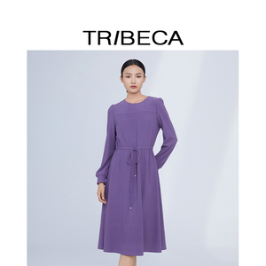 TRIBECA/翠贝卡2024秋新款商场同款紫色收腰纯色中长款长袖连衣裙